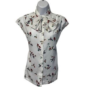 Vintage 60s Ship N Shore Floral Print Bow Collared Blouse Size 10 Girly Pinup